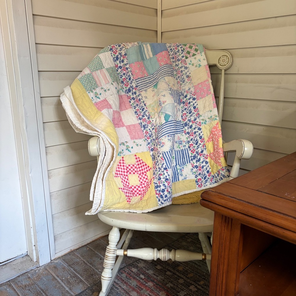 Vintage 1940s Handmade Patchwork Quilt Pastel Floral Gingham Multi Pattern 56x74
